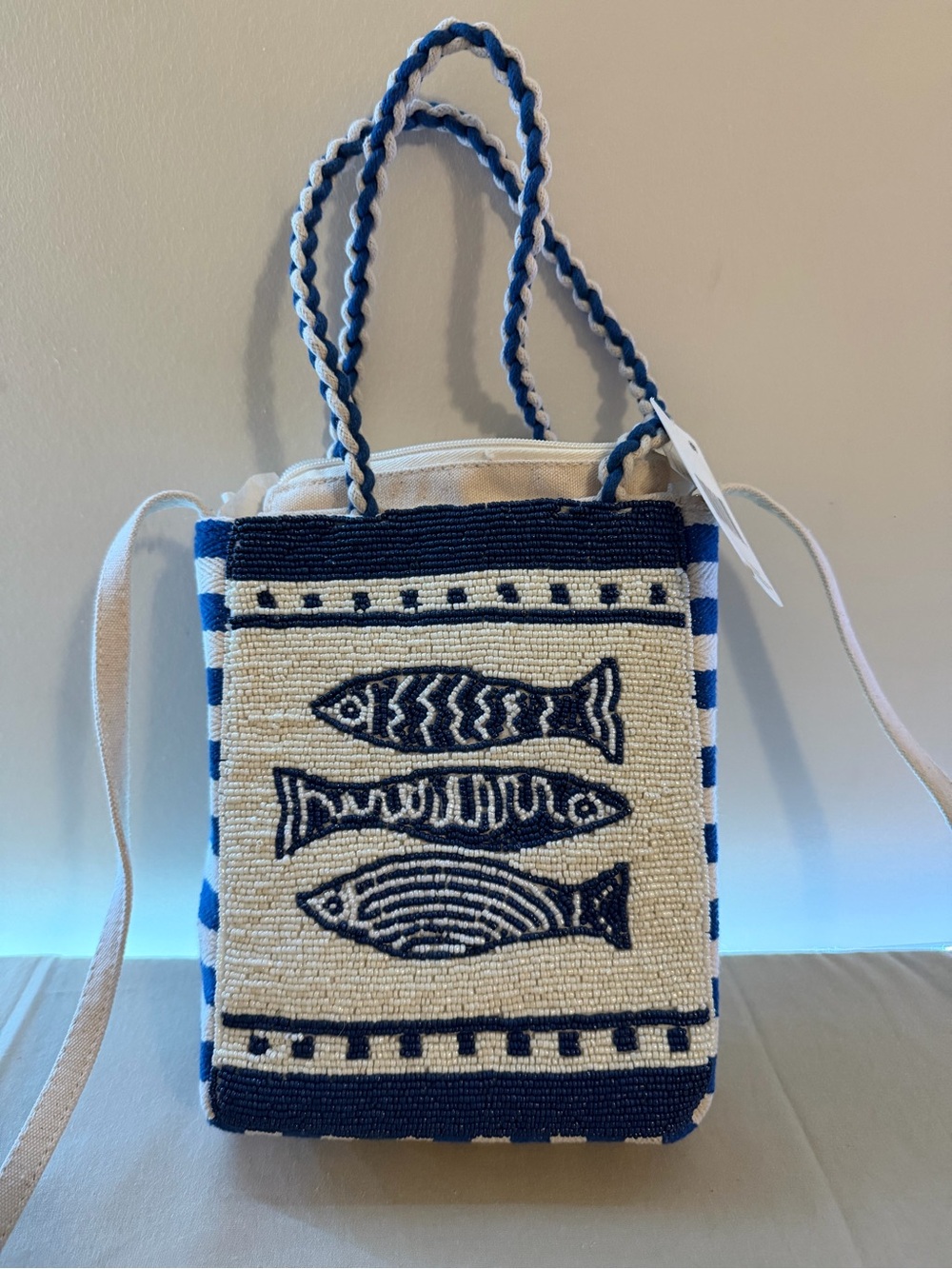 Handcrafted Blue and Cream Fish Beaded Crossbody Bag